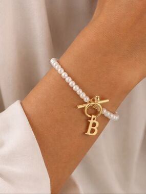 Stainless Steel Faux Pearl Gold Toggle B Bracelet New